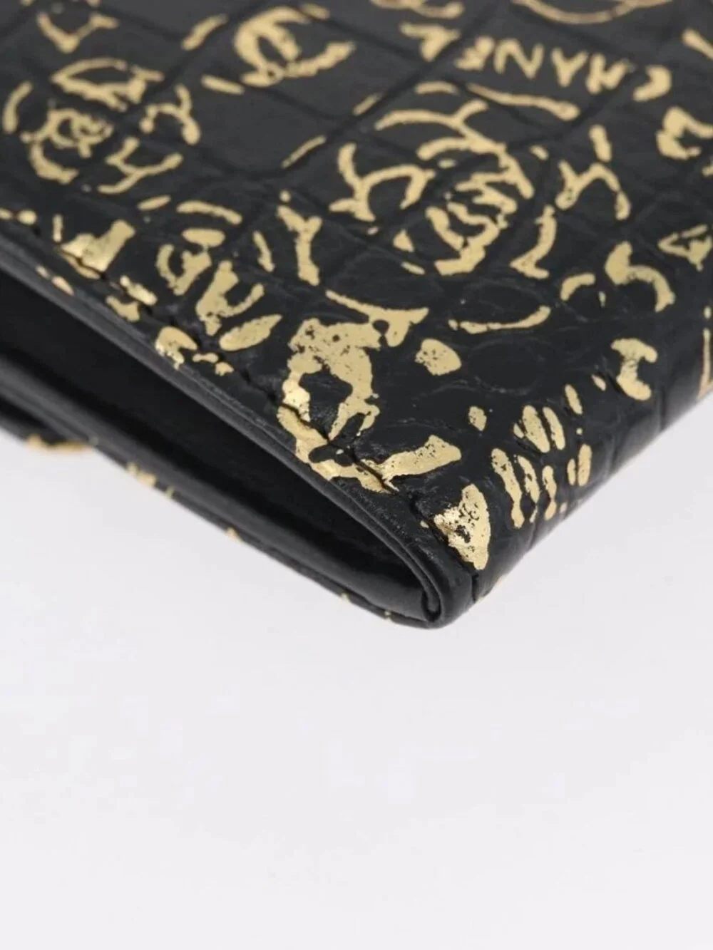 CHANEL 2.55 Long Wallet Croco Embossed Black Gold CC Auth 172450SAV